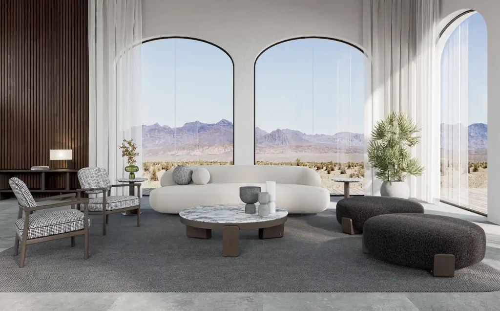 Adriana Hoyos living room with a large window overlooking the mountains