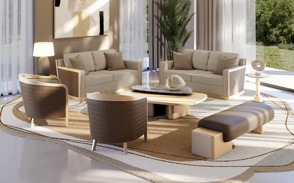 a modern living room with beige furniture by Adriana Hoyos